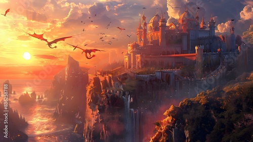 A grand a fantasy ocean with dragons flying photo