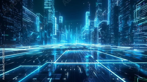 Futuristic cityscape with glowing holographic streets, hightech buildings, and blue neon lights