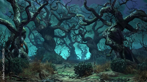 257 Terrifying 3D cartoon haunted forest with gnarled trees and prowling creatures for Halloween