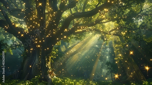 A lush, enchanted forest with towering trees and glowing magical creatures, mystical light filtering through the leaves