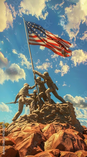 291 Patriotic cartoon scene of the Iwo Jima Memorial flagraising on Independence Day photo