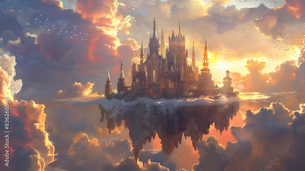 A majestic floating castle in the sky surrounded by clouds and mythical beasts, with vibrant hues of sunrise A majestic floating castle in the sky surrounded by clouds and mythical beasts, with vibrant hues of sunrise