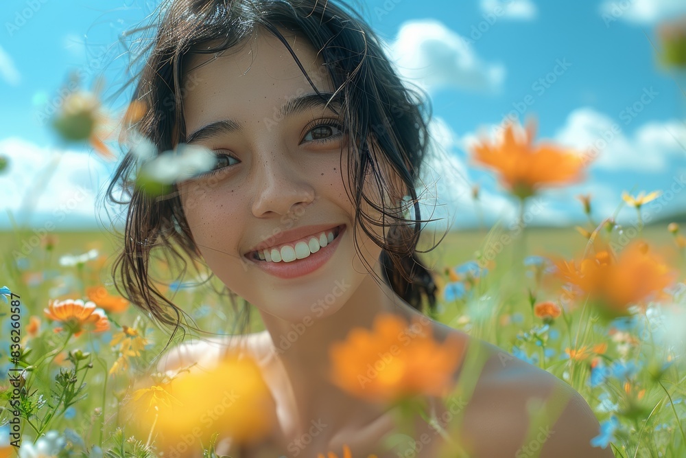 An attractive Asian woman surrounded by several flowers in a flower garden. She has a beautiful and charming face and is laughing with joy in the morning.