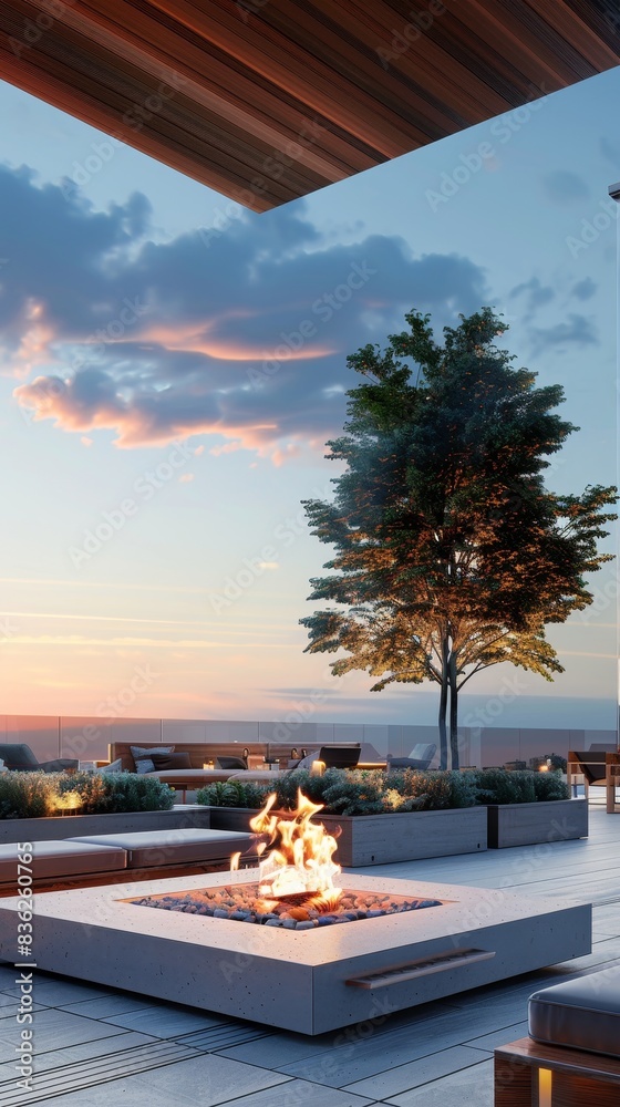 Fototapeta premium A rooftop lounge with smart fire pits that adjust flames and temperature generated by AI