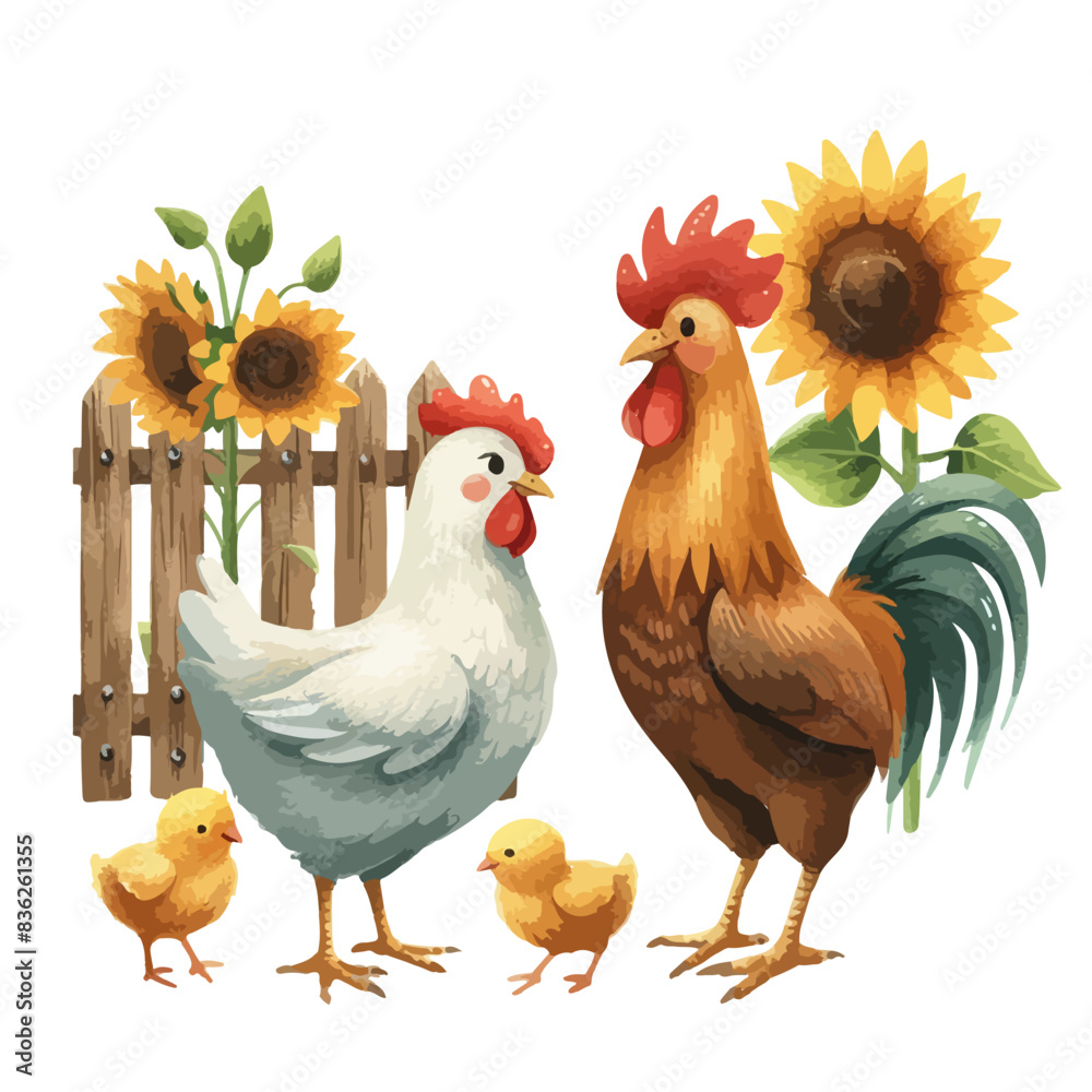 Chicken watercolor illustration. Happy family. Illustration for greeting cards, printing and other design projects.