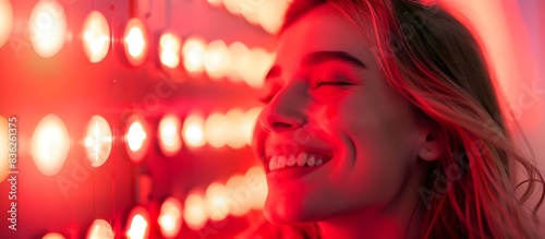 Young Woman Smiling Getting Red Light Therapy (Generative AI)