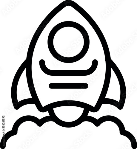 Simple black and white line drawing of a space rocket suitable for icons, logos, and design elements