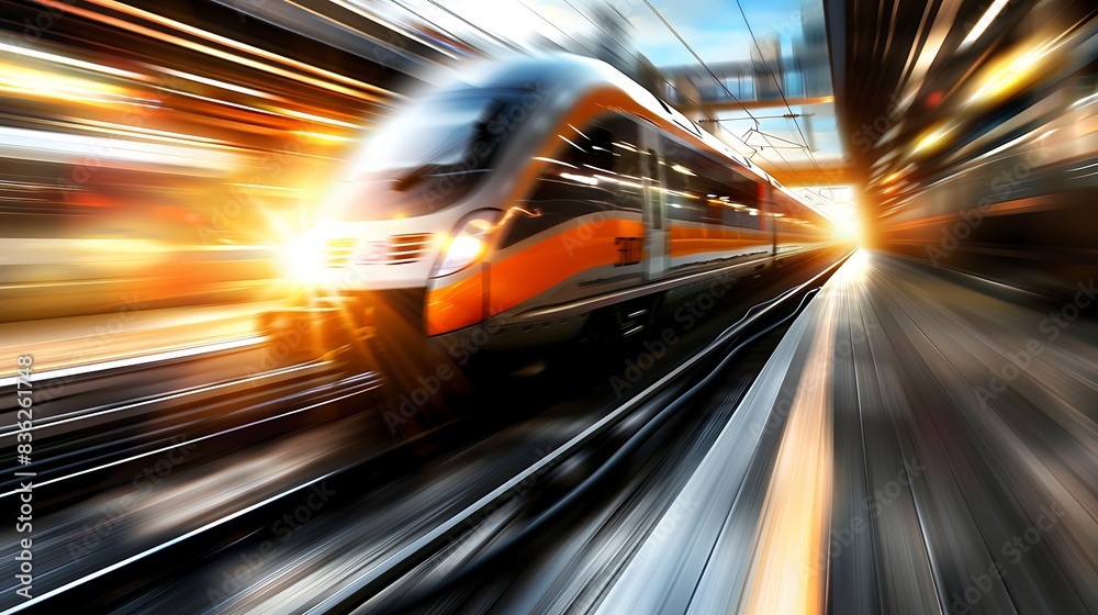 Blurred Motion High-Speed Train on Sunny Day with Vibrant Orange Color Scheme Blurred Motion High-Speed Train on Sunny Day with Vibrant Orange Color Scheme