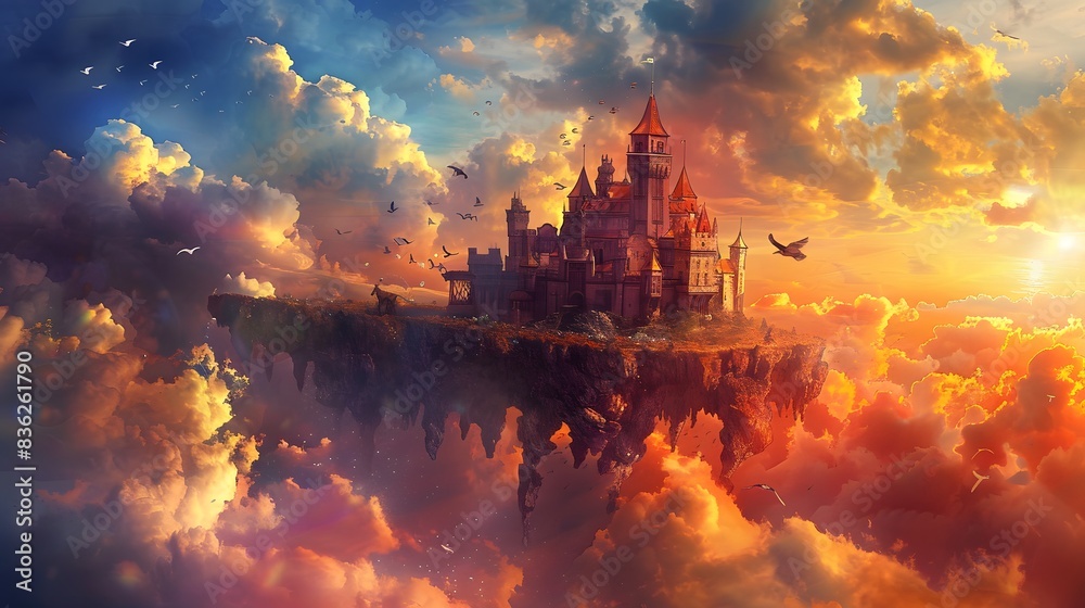 Fototapeta premium A majestic floating castle in the sky surrounded by clouds and mythical beasts, with vibrant hues of sunrise