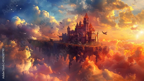 A majestic floating castle in the sky surrounded by clouds and mythical beasts, with vibrant hues of sunrise