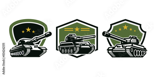 Battle tank Logo. Military Army Artillery Vehicle. War Battlefield. Vector Illustration emblem design on white background. Isolated. Editable color. Suited for brand, organization, t-shirt, and brand