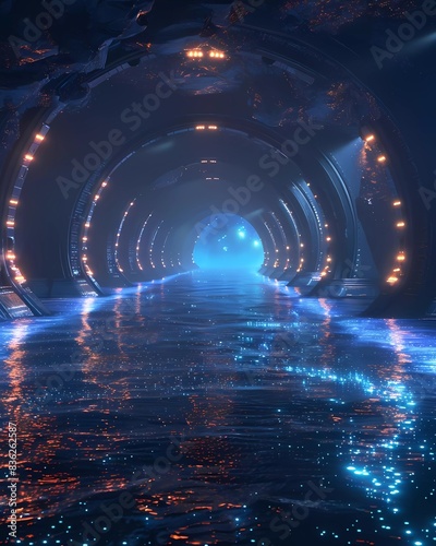 A long, dark tunnel with a bright light at the end. The walls are lined with strange, glowing symbols, and the floor is covered in a thin layer of water. photo