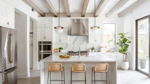 A modern kitchen with sleek  whitewashed beams creates an inviting  elegant  and stylish atmosphere.