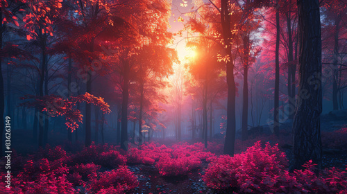 Mystical pink forest with a bright sun shining through the trees.