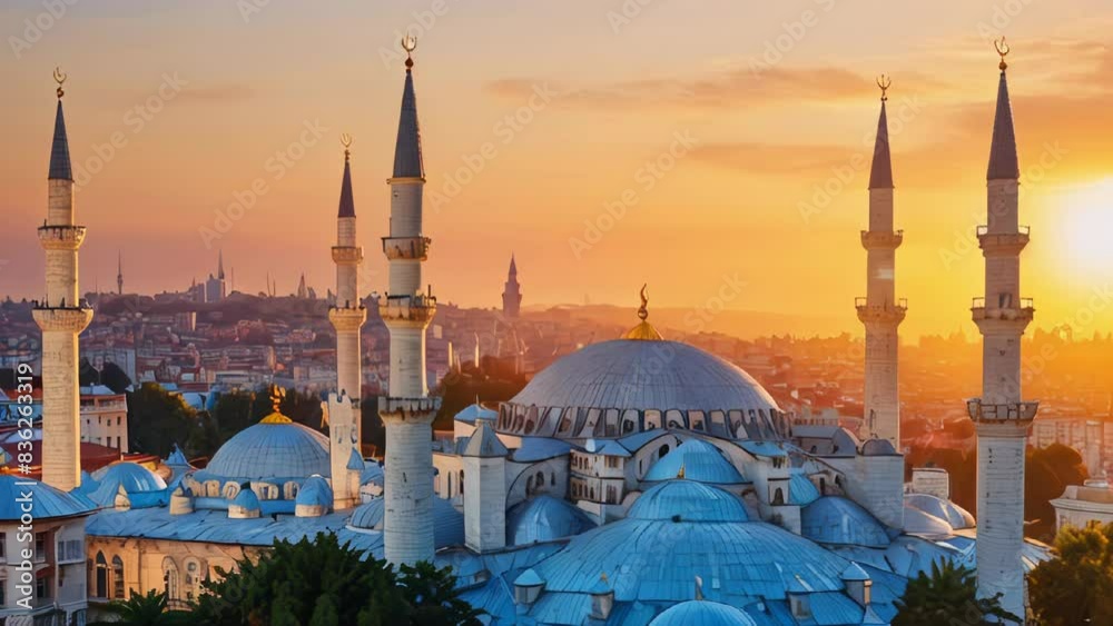 Breathtaking view of an istanbul Blue Mosque during sunset in Sultan Ahmed, with golden light reflecting on its minarets and domes, evoking serenity