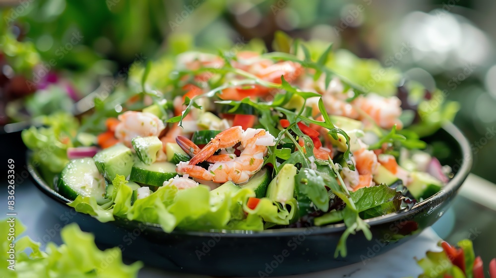 A close-up of a fresh shrimp salad with mixed greens, cucumbers, and a creamy dressing. A close-up of a fresh shrimp salad with mixed greens, cucumbers, and a creamy dressing.