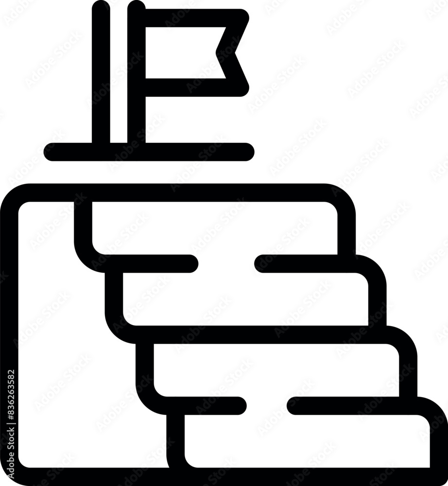 Black line icon representing achievement with a flag on a stairstep design Black line icon representing achievement with a flag on a stairstep design