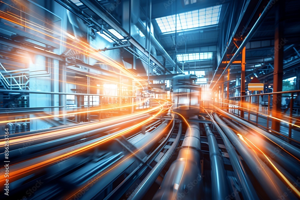 Modern Industrial Factory Interior with Dynamic Light Trails and Futuristic Sleekness Modern Industrial Factory Interior with Dynamic Light Trails and Futuristic Sleekness