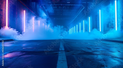 An empty street is lit by neon lights against a dark blue sky. The asphalt floor and studio room are filled with smoke, creating a mysterious and eerie atmosphere.