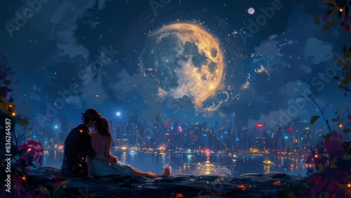 Romantic couple illustration, seamless loop, full moon, comic style, anime style, manga style, 4K 16:9