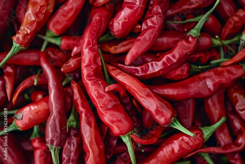 Close-up of Thai chili peppers, capturing their fiery red color and intense spiciness. 