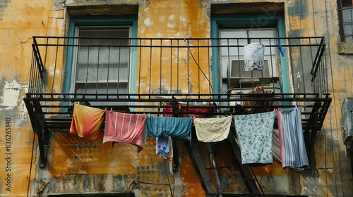 A row of clothes hanging on a clothesline on a balcony photo