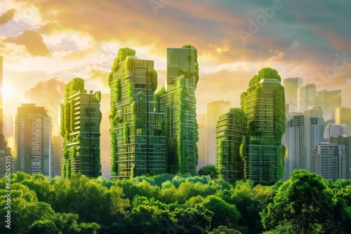 A modern cityscape featuring green buildings with innovative sustainable designs, incorporating energy-efficient technologies and eco-friendly materials