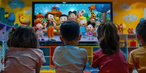 Joyful Kindergarten Kids Watching Cartoons on TV in a Colorful Classroom Setting. Happy Children Enjoying Animated Characters Together in a Playful and Bright Environment with Soft Lighting and a Wide