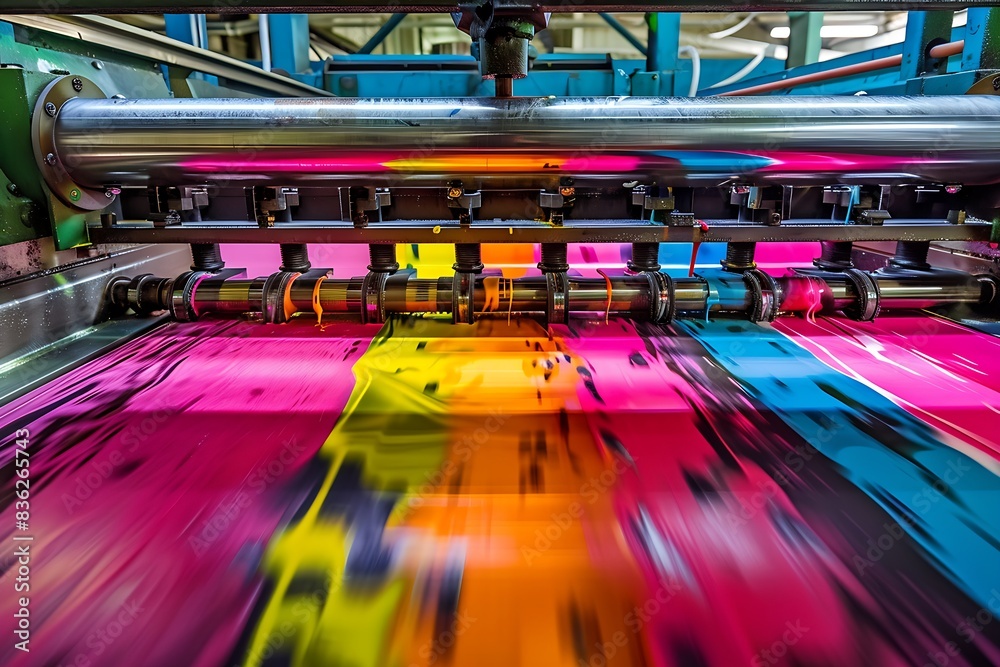 Industrial Offset Printing Press with Cyan, Magenta, Yellow Inks and Detailed Rollers Industrial Offset Printing Press with Cyan, Magenta, Yellow Inks and Detailed Rollers