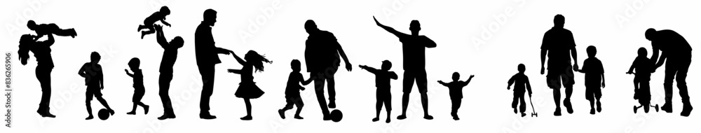 silhouette set of parents playing with their kids or children. silhouette set of parents playing with their kids or children.
