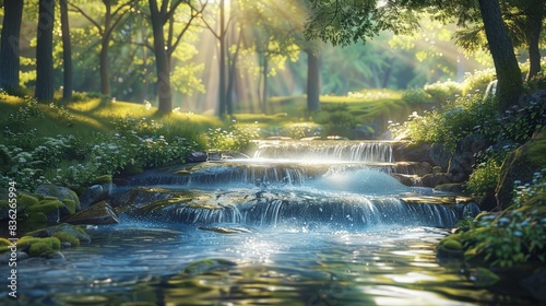 Scenic River Landscape: Illustrate the serene beauty of a river landscape with flowing water, surrounding greenery,