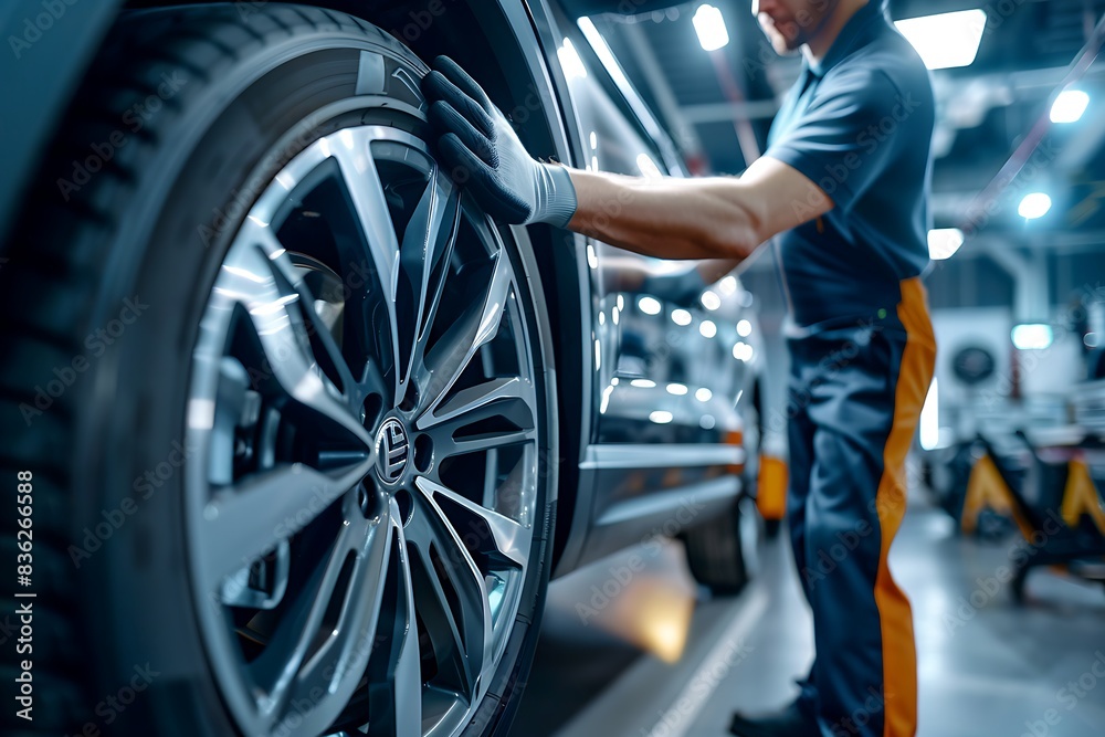 Professional Mechanic Fitting High-Performance Tire to Alloy Wheel in Clean Garage Professional Mechanic Fitting High-Performance Tire to Alloy Wheel in Clean Garage