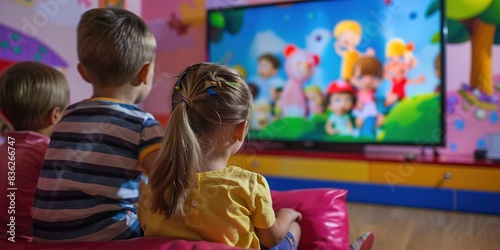 Joyful Kindergarten Kids Watching Cartoons on TV in a Colorful Classroom Setting. Happy Children Enjoying Animated Characters Together in a Playful and Bright Environment with Soft Lighting and a Wide
