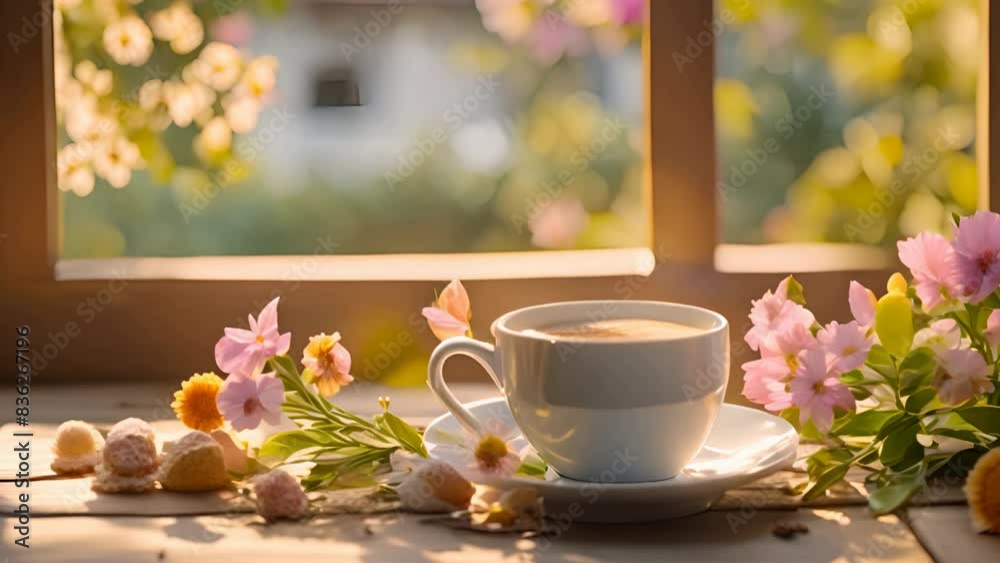 A white coffee cup with flowers on a wooden table. The flowers are pink and yellow. A white coffee cup with flowers on a wooden table. The flowers are pink and yellow.