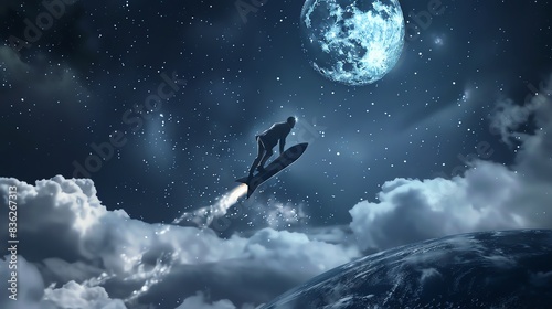 A businessman joyfully riding a rocket towards the moon, with a trail of smoke behind and the Earth visible in the distance.