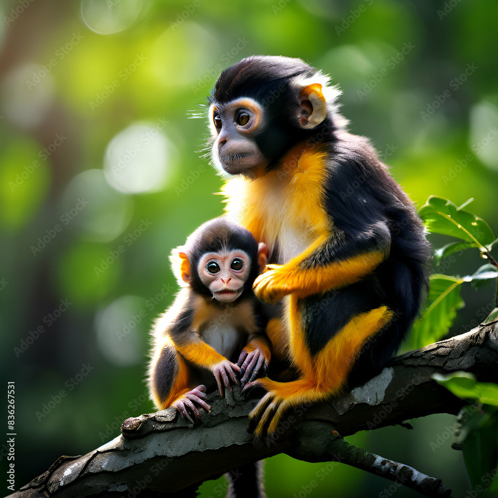 black capped squirrel monkey sitting on tree branch with its cute little baby with forest in background generate ai black capped squirrel monkey sitting on tree branch with its cute little baby with forest in background generate ai