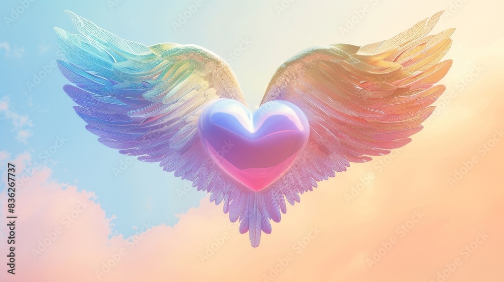 Vibrant Pride: Rainbow Heart with Angel Wings in Pastel Sky Vibrant Pride: Rainbow Heart with Angel Wings in Pastel Sky