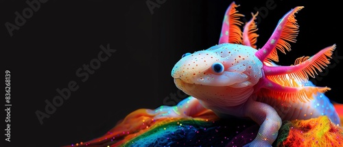 Rainbow Axolotl covered in rainbow fire apron, Enigmatic rainbow axolotl in the depths, representing LGBTQIA uniqueness