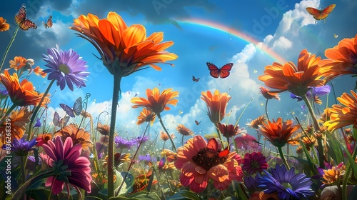 Wallpaper Mural A vibrant meadow filled with giant, colorful flowers and butterflies, a rainbow arching across a bright blue sky Torontodigital.ca
