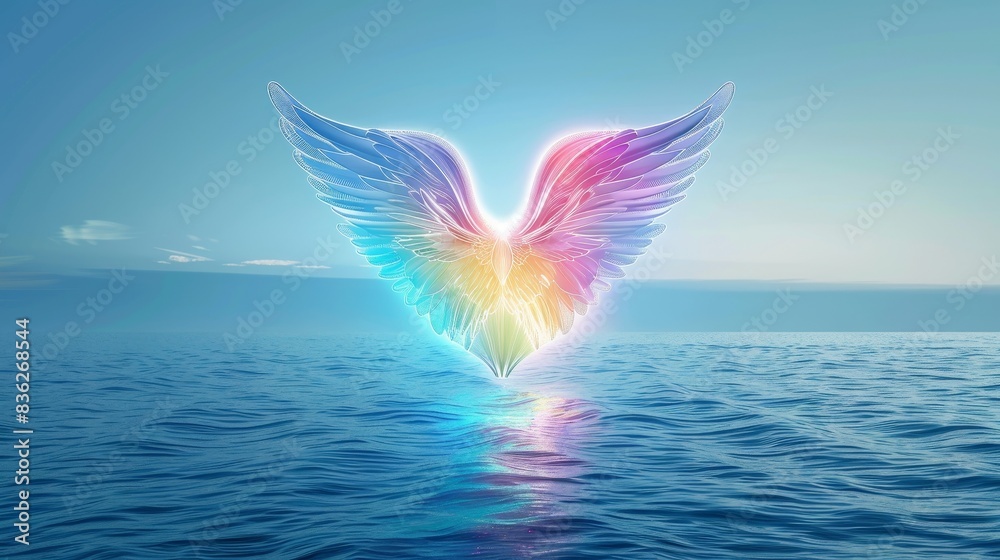 Angelic Rainbow Heart Over Serene Ocean - Vibrant Vector Illustration of Luminous Heart with Wings, Floating Above Calm Sea Angelic Rainbow Heart Over Serene Ocean - Vibrant Vector Illustration of Luminous Heart with Wings, Floating Above Calm Sea