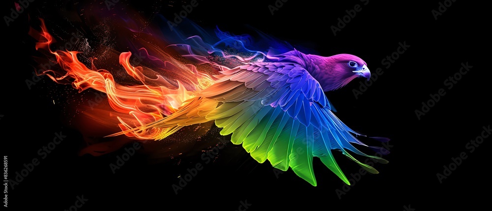 Fototapeta premium Rainbow Falcon covered in rainbow fire apron, Sleek rainbow falcon soaring in the dark, symbolizing LGBTQIA freedom