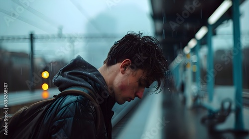 Man looking down at a train station subway Symbolizing Isolation and Depression