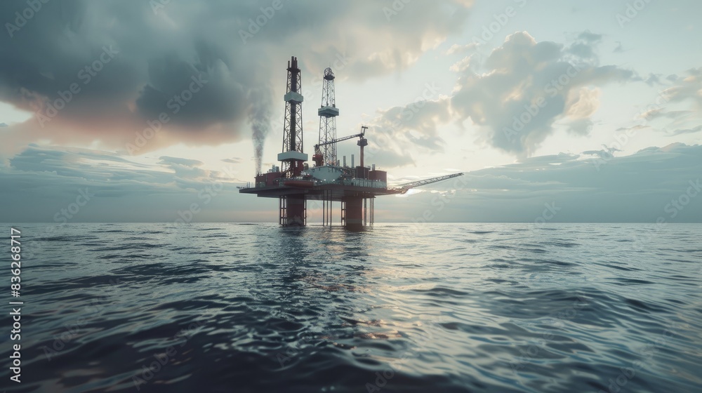 View of an oil platform in the middle of the ocean, Increase in gas and oil prices. Water pollution with copy space, Ocean oil drilling platform View of an oil platform in the middle of the ocean, Increase in gas and oil prices. Water pollution with copy space, Ocean oil drilling platform