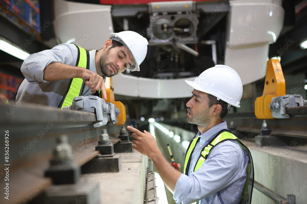 Engineer or Professional technician railroad tracks of electrical or sky train in factory workplace. Maintenance plant of Sky Train. Engineer or Professional technician railroad tracks of electrical or sky train in factory workplace. Maintenance plant of Sky Train.