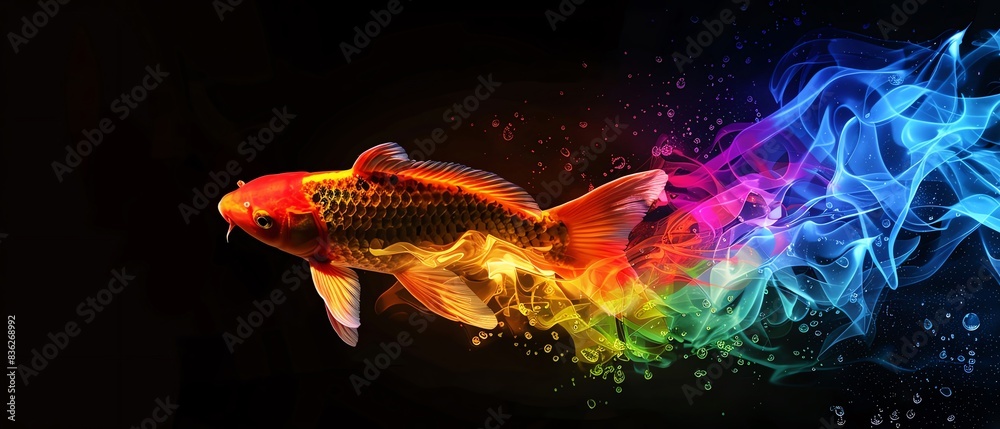 Obraz premium Rainbow Koi covered in rainbow fire apron, Radiant rainbow koi swimming in obsidian waters, embodying LGBTQIA perseverance