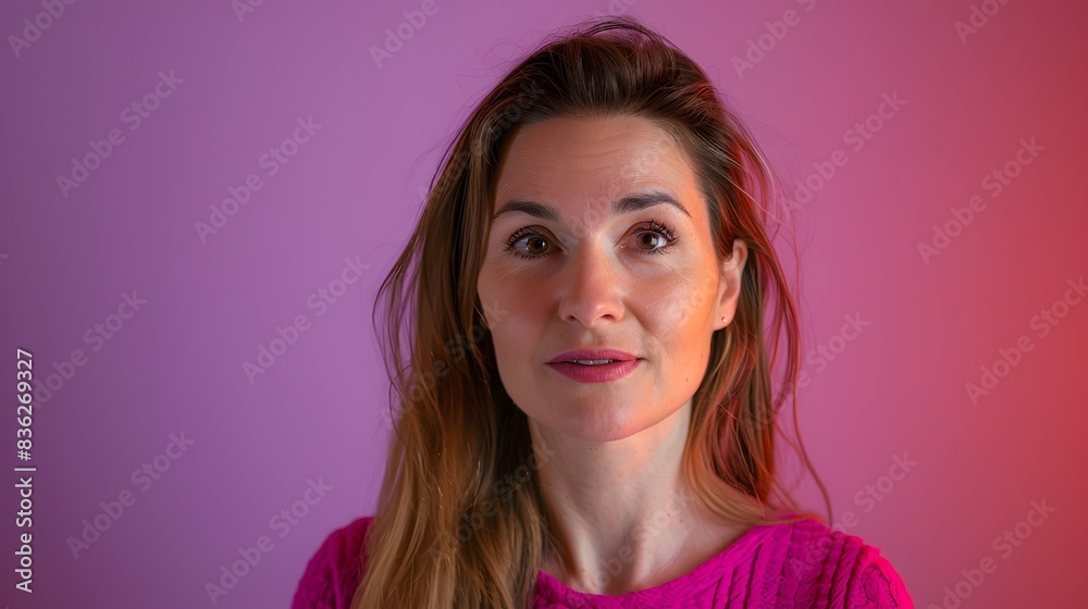 A woman addressing the camera on a purple gradient background A woman addressing the camera on a purple gradient background