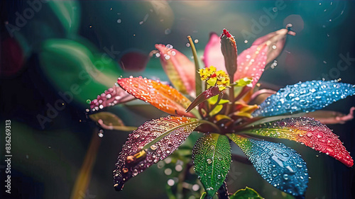 beautiful colorful summer flowers in Africa against the background of a beautiful wonderful rainbow during the rain, fantasy, romantic dreamy mood,	
 photo