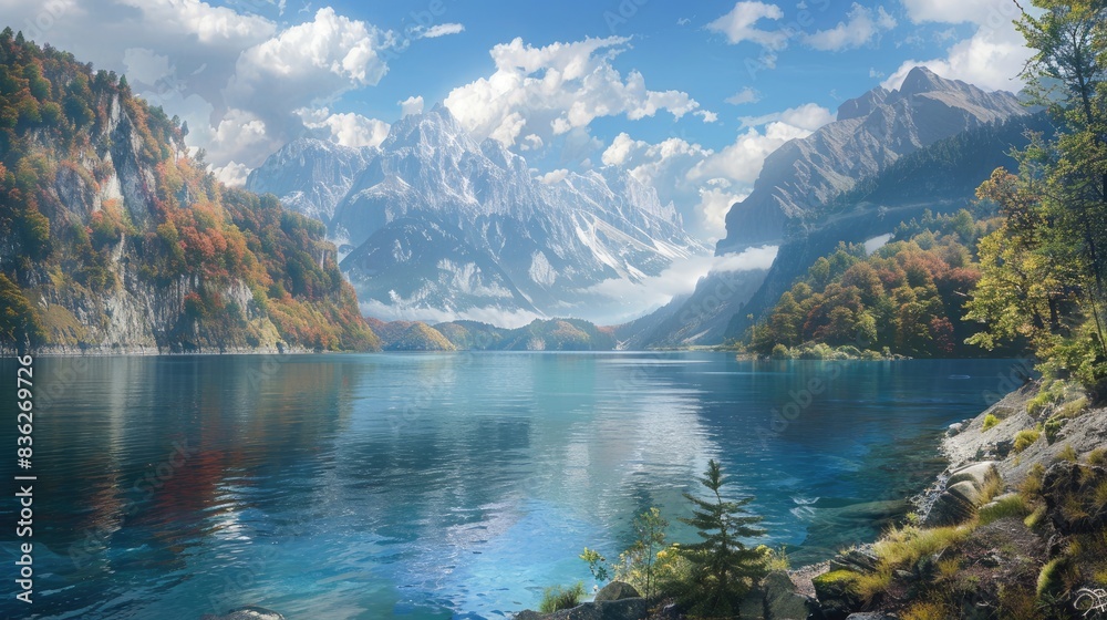 Find peace in nature with this stunning scene of a vast water body surrounded by grand mountains Find peace in nature with this stunning scene of a vast water body surrounded by grand mountains