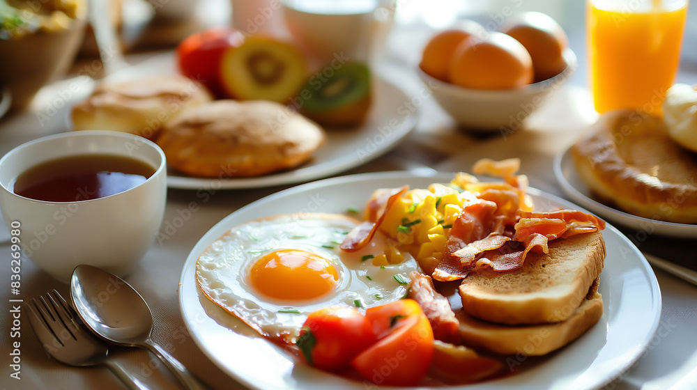 Breakfast served with coffee, orange juice, croissants, cereals and fruits Breakfast served with coffee, orange juice, croissants, cereals and fruits
