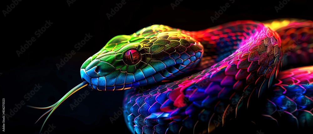 Obraz premium Rainbow Viper covered in rainbow fire apron, Colorful rainbow viper slithering in the shadows, representing LGBTQIA empowerment